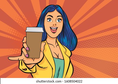 Beautiful Young Woman Show Drinking.Retro Lady With Glass Of Water. Vector Illustration In Retro Vintage Pop Art Comic Style