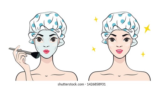 Beautiful young woman in shower cap with clean fresh skin. The girl puts a brush face mask. Vector illustration