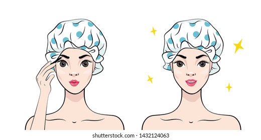 Beautiful young woman in shower cap putting on makeup eyebrow. Happy Woman Applying Cosmetic. Vector illustration