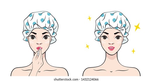 Beautiful young woman in shower cap. Make up. Happy girl applying lipstick on her lips. Vector illustration