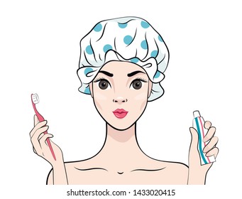 Beautiful young woman in shower cap with toothbrush and toothpaste isolated on the white background. Vector illustration in cartoon style