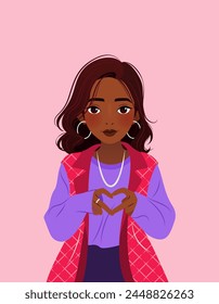 Beautiful young woman showing sign of heart with her hands. Vector illustration for print, poster, cover, greeting card. isolated modern art on pink background. Close-up female portrait. 