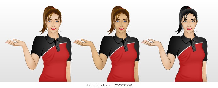 beautiful young woman showing something, or could be welcome gesture, wearing polo t-shirt, in 3 different skin and hair color