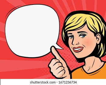 Beautiful young woman showing thumbs up. Retro comic pop art vector illustration