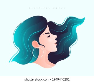 Beautiful young woman side face with blue hair, Independent modern girl with charming expression and closed eyes, Vector illustration of female model, Fashion and beauty.