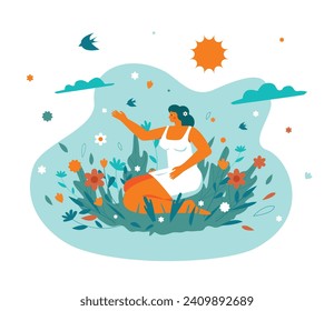 A beautiful young woman sits among the grass and enjoys peace, peace of mind, harmony with nature.