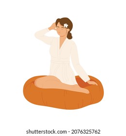 Beautiful young woman sitting in a bag chair and relaxing. Spa salon, oriental medicine massage concept. Vector illustration in cartoon style. Isolated on white background.
