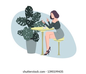 Beautiful young woman sitting in a cafe with a phone and drinking coffee. Flat vector illustration.