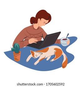 Beautiful, young woman is sitting at home at a laptop with a cup of hot tea. Concept: stay home, homework, distance learning, work during the coronavirus. Vector illustration. Cartoon flat.