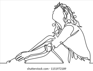 Beautiful young woman sitting on the floor and looking up-continuous line drawing