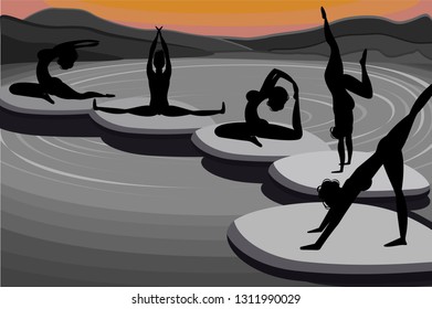 Beautiful young woman sitting on the stone on the river and relax in yoga pose. Gymnastics, relaxation, religion. Illustration - vector graphics