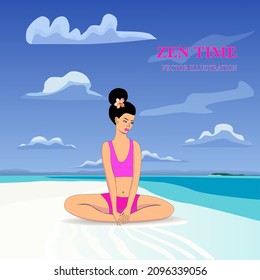Beautiful young woman sitting on the beach and relaxing in a yoga pose.