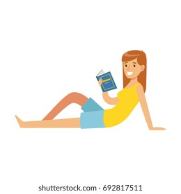 Beautiful young woman sitting on the floor and reading a book vector Illustration