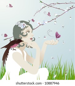 A beautiful young woman sitting under a blossoming tree with bird and butterflies