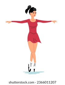 Una hermosa joven patina sobre el hielo. Entrenamiento de patinaje artístico. Deportes de invierno y recreación. Ilustración del vector aislada en fondo blanco