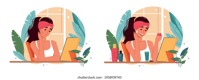 Beautiful young woman with skin problems: allergy, acne, pimples, blackheads and healthy skin. Allergy from medical protective mask concept. Face mask, cream. Teenager skin. Flat vector illustration.