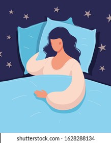 Beautiful young woman is sleeping in bed. The girl is sick at home, suffers from loneliness, a healthy full sleep, insomnia. Concept illustration. Flat vector