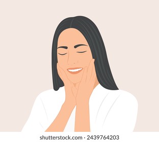 Beautiful young woman smiles happily with healthy, radiant, attractive skin. Vector illustration, beauty or health care concept.