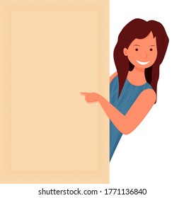 Beautiful young woman smiling gesturing with fingers and pointing with copy space stock vector illustration. 