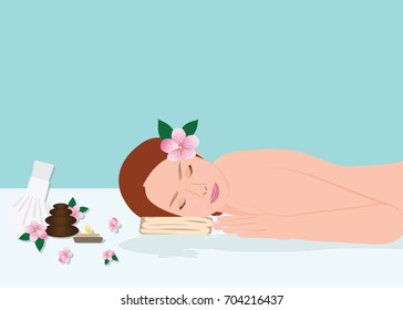 Beautiful young woman in spa, woman relaxing isolated on blue background, Vector Illustration.
