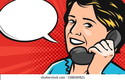 Beautiful young woman speaks on the phone. Vector illustration in style comic pop art