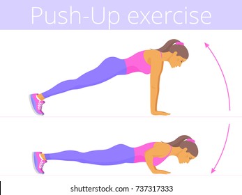 Beautiful young woman in the sportswear is doing the push-up exercise. Flat illustration of caucasian sporty girl training in push up. Vector active people set for sport, fitness design, infographic.