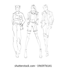 Beautiful young woman in spring coat. Hand drawn fashion girl. Fashion model posing. Sketch. Vector illustration. Fashion woman look. Sketch.