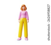 Beautiful young woman standing 3D plastic style illustration. Cartoon smiling lady full length. Vector female character portrait in casual clothes, office worker isolated. Volume doll toy