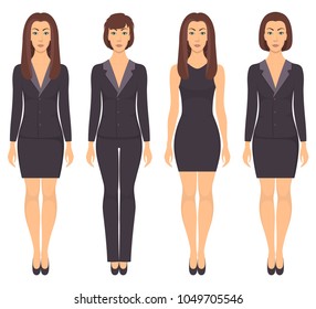 Beautiful young woman standing in full growth in different formal clothes. Woman in elegant and casual clothes. Basic wardrobe. Vector illustration, isolated