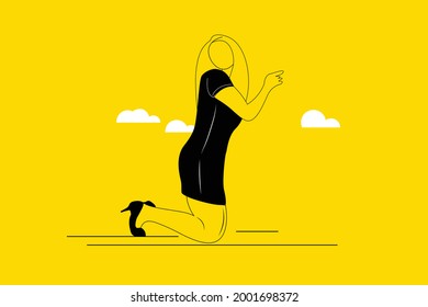 Beautiful young woman standing on knees and pointing somewhere