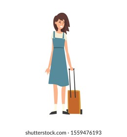 Beautiful Young Woman Standing with Suitcase on Wheels, Girl Traveling on Vacation Vector Illustration