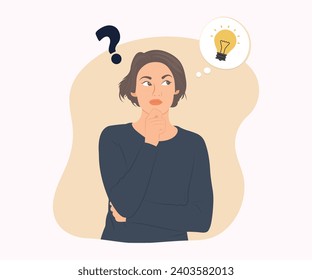A beautiful young woman stands and contemplates a good plan for a successful business. Vector illustration.