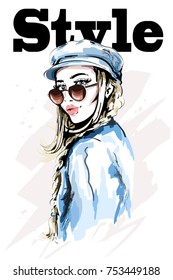 Beautiful young woman in stylish cap. Hand drawn fashion woman. Cute girl in sunglasses. Sketch. Vector illustration.
