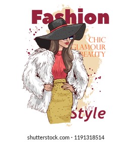 Beautiful young woman in stylish clothes, fur coat and hat. Fashion model posing. Trend clothing for winter. Pattern design for a magazine cover. Hand drawn sketch. Vector illustration.