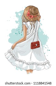 Beautiful young woman in summer clothes and bag   in hat  Stylish girl in white dress  Fashion woman standing back  Back view  Dress is fluttering and wind  Hand drawn sketch  Vector illustration 