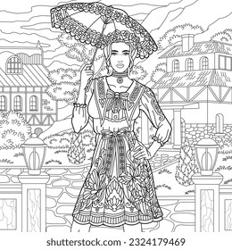 Beautiful young woman with the summer umbrella. Adult coloring book page with intricate ornament.