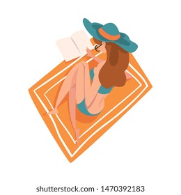 Beautiful Young Woman Sunbathing and Relaxing on Beach, Girl in Hat and Bikini Enjoying Summer Vacation Vector Illustration