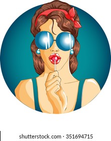Beautiful young woman in sunglasses with candy in the hands. Graphic vector colorful illustration.