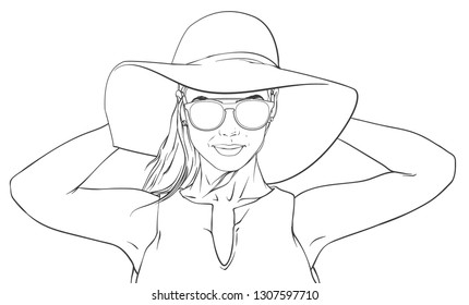 Beautiful young woman with sunglasses and hat, model woman, vector illustration