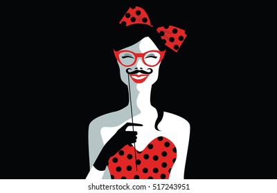 Schöne junge Frau mit Sonnenbrille, Retro-Stil mit lustigem Schnurrbart auf Stock. Fröhliches junges Mädchen bereit für die Feier. Pop Art. Vektor eps10 Illustration