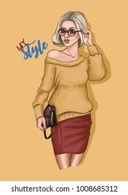 Beautiful young woman in sunglasses with a short haircut. A hand holding a purse. Fashion model posing. Casual style. Hand drawn sketch. Vector fashion illustration.