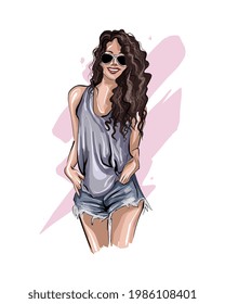 Beautiful young woman in sunglasses. Stylish girl with curly hair. Fashionable feminine look, colored drawing, realistic. Vector illustration of paints