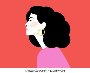 Beautiful young woman with superb black hair. Side view. Red background. Portrait of a young girl for a poster, stock, flyer or postcard.