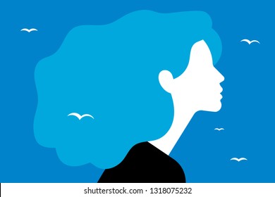 Hermosa mujer joven de cabello azul. Vista lateral. Retrato de una joven para un afiche, material, volante o postal.