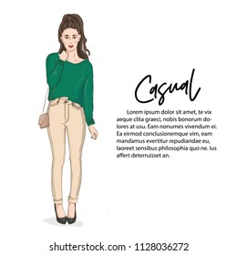 Beautiful young woman in sweater and jeans with bag. Hand drawn casual fashion magazine look. Fashion model posing girl. Outfit Sketch. Vector business office look  illustration