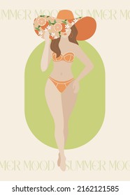 Beautiful young woman in swimsuit, hat, at the beach. Retro Design Summer Holiday poster. Summer holiday. Summer party. 90s 80s 70s groovy posters. Hello summer cards. Vector illustration