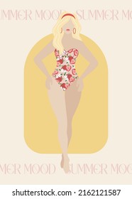 Beautiful young woman in swimsuit, hat, at the beach. Retro Design Summer Holiday poster. Summer holiday. Summer party. 90s 80s 70s groovy posters. Hello summer cards. Vector illustration
