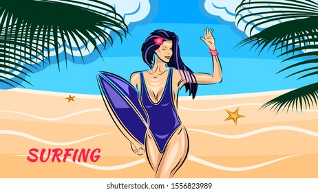 Beautiful young woman in a swimsuit holding surfboard waving his hand in greeting on the beach, front view, against blue sky with clouds. Flat style colorful vector illustration stock.