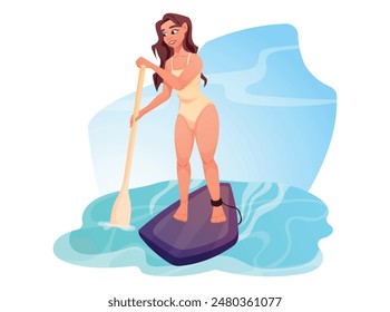 Beautiful young woman in a swimsuit riding a stand-up paddle board. Summer water sports activities. Vector isolated cartoon illustration.