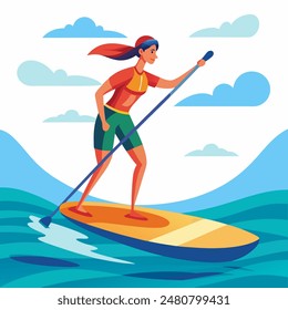 Mujer joven hermosa en un traje de baño montando una tabla de paddle stand-up. Actividades náuticas de verano. Vector aislado ilustración de dibujos animados